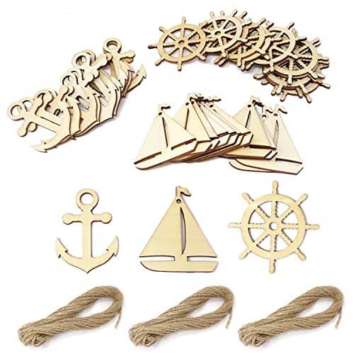 yueton 36PCS 3 Styles Nautical Themed Unfinished Wood Cutouts Wood Slices Wood Chips, Sailboat Rudder Anchor Wooden Cutouts, Wooden Hanging - WoodArtSupply