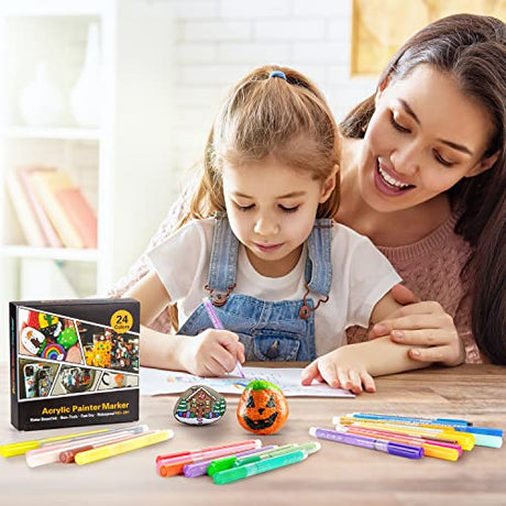 Acrylic Paint Pens Markers-24 Colors Waterproof Paint Pens for Rock Painting,Graffiti, Stone, Ceramic, Glass, Wood, Fabric, Canvas, Porcelain, Droaful