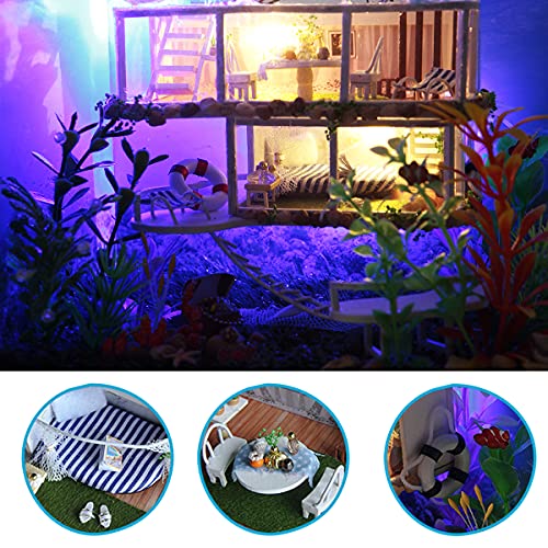GuDoQi DIY Miniature Dollhouse Kit, Tiny House kit with Furniture and Dust Proof, Miniature House Kit 1:24 Scale Beachside Bungalow, Great Handmade GuDoQi