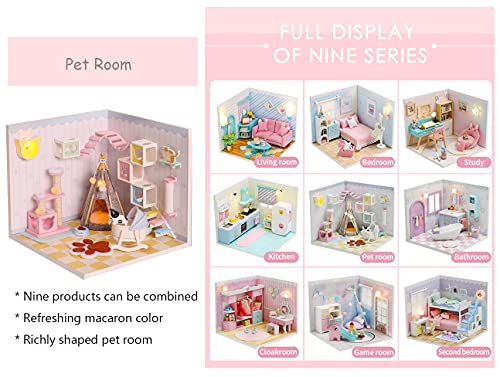 Kisoy Dollhouse Miniature with Furniture Kit, DIY 3D Wooden DIY House Kit A  Corner of a Small Apartment Style with Dust Cover & LED,Handmade Tiny House  Toys for Kids Adults Gift (Pet