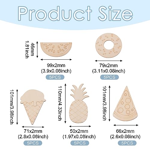 Pandahall 25Pcs Unfinished Summer Theme Wood Slices Watermelon Ice Cream Pineapple Pizza Doughnut Wooden Cutouts Cabochons for Painting DIY Vocation PH PandaHall