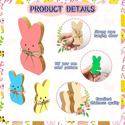 GuassLee 12pcs Easter Wooden Bunny Cutout for Easter Craft Unfinished Wood Blank Peeps Rabbit Sign with Twines for Kids DIY Craft Making Painting