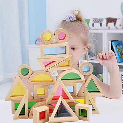 Agirlgle Wood Building Blocks Set for Kids 24 Pcs Rainbow Stacker Stacking Game Construction Toys Set Preschool Colorful Learning Educational Toys -