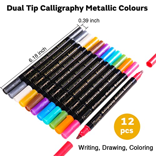 Sunshilor Calligraphy Metallic Marker Pens Dual Tip Chisel and Medium Point Pens for Black Paper, Rock Painting, Easter Egg, Halloween Pumpkin, Card - WoodArtSupply