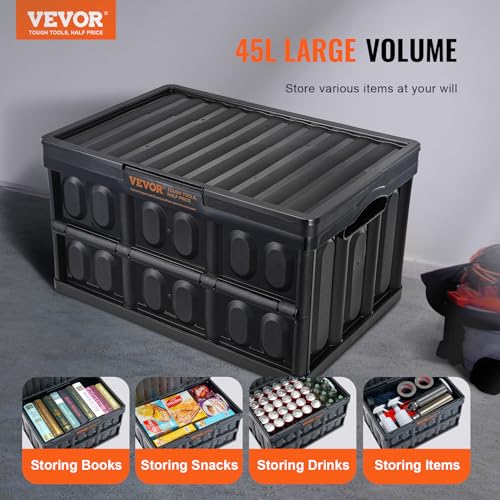 VEVOR 45L Collapsible Storage Bins with Lids 3 Packs, Stackable Utility Crates with Handles, Large Folding Containers for Organizing Tools, Toys, VEVOR
