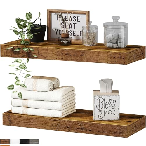 QEEIG Bathroom Shelves Floating Shelves for Wall Shelf Over Toilet Small Wall Mounted Farmhouse Decor 16 inch Set of 2, Rustic Brown (008-40BN) - WoodArtSupply