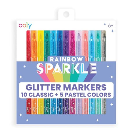 Ooly Rainbow Sparkle Glitter Markers [Set of 15], Includes 5 Pastel Markers and 10 Clasic Color Markers, Glittery and Sparkling Markers for Kids, 2mm Ooly