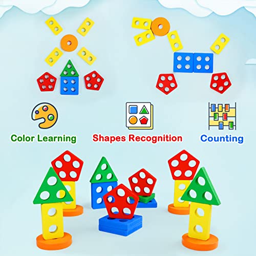 Montessori Toys for 1 to 3-Year-Old Boys Girls Toddlers, Wooden Sorting & Stacking Toys for Kids Preschool, Educational Toys, Color Recognition
