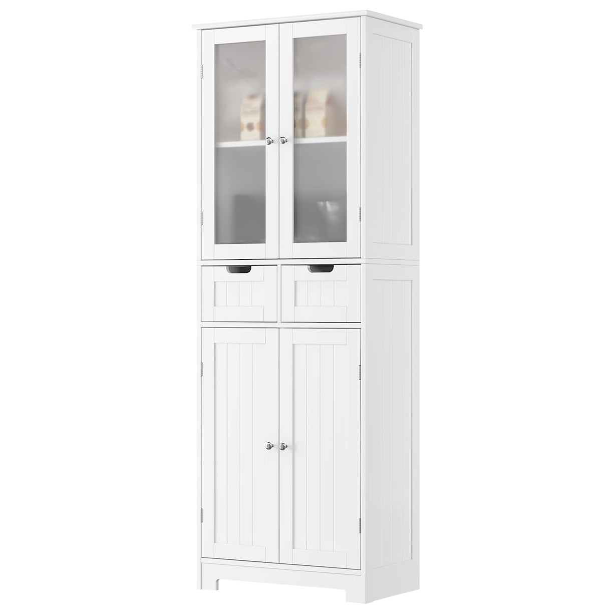 HORSTORS 67" Tall Storage Cabinet, Freestanding Pantry Cabinet with Glass Door and Shelves, Linen Bathroom Cabinet with 2 Drawers for Living Room, HORSTORS