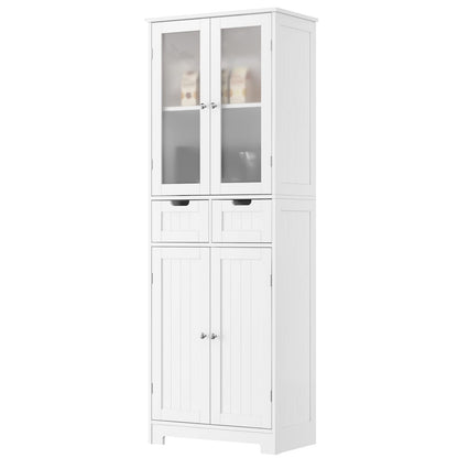 HORSTORS 67" Tall Storage Cabinet, Freestanding Pantry Cabinet with Glass Door and Shelves, Linen Bathroom Cabinet with 2 Drawers for Living Room, - WoodArtSupply