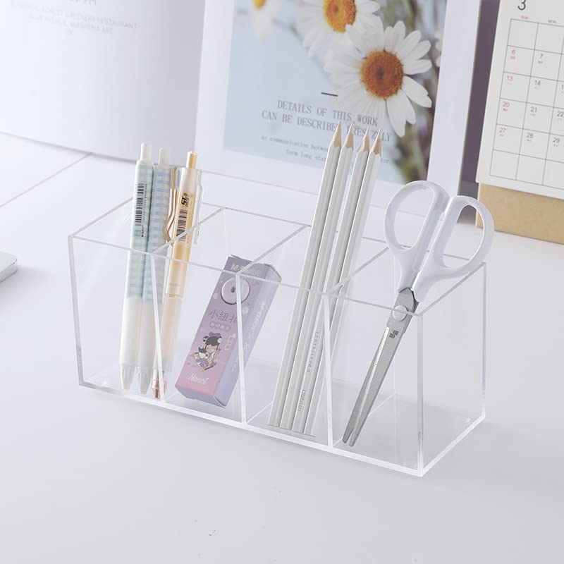 Acrylic Pen Holder 4 Compartments Clear Pencil Holder Organizer Makeup Brush Holder - WoodArtSupply