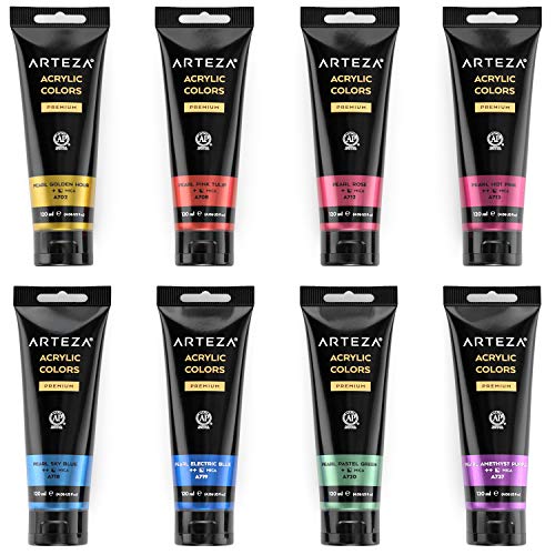 Arteza Metallic Acrylic Paint, Set of 8 Jewel Tones Colors in 4.06oz Tubes, Rich Pigments, Non Fading, Paints for Artists and Hobby Painters ARTEZA
