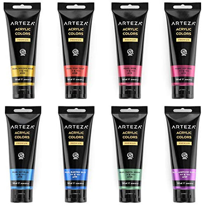 Arteza Metallic Acrylic Paint, Set of 8 Jewel Tones Colors in 4.06oz Tubes, Rich Pigments, Non Fading, Paints for Artists and Hobby Painters - WoodArtSupply