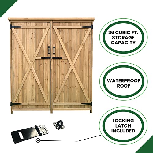 Hanover Outdoor Storage Shed, Double Door Wood Shed for Tools and Garden Supplies with Shelf and Locking Latch, 36 Cu.Ft. Capacity (4.4' x 5' x Hanover