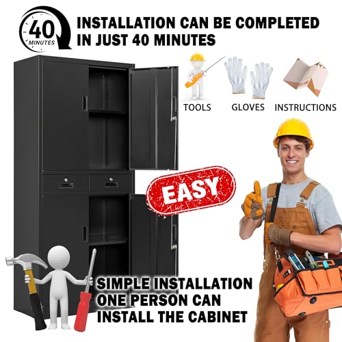 Metal Storage Cabinet，71" Garage Storage Cabinet with 2 Locking Drawer and 4 Adjustable Shelves ，Black Tool Cabinet，Lockable File Steel Cabinet for TaskStorz