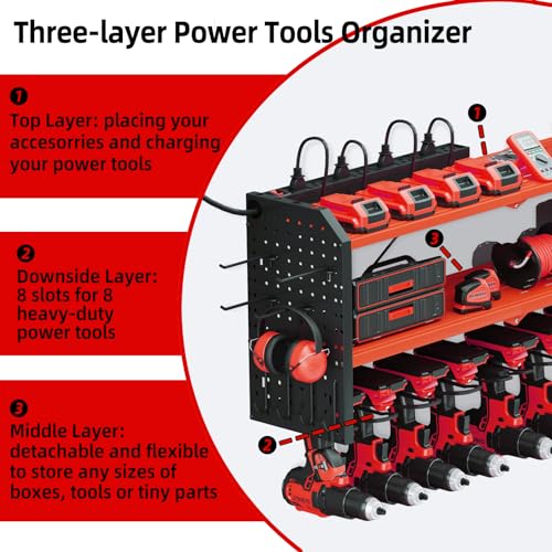 KAFAHOM Power Tool Organizer with Charging Station, Built in 8 Outlet Power Strip,Large 8 Drill Holder Wall Mount, Heavy Duty Metal Power Tool - WoodArtSupply