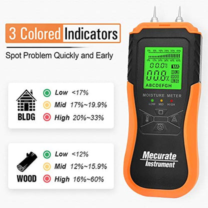 Mecurate Digital Pin Type Wood Moisture Meter with 3 Colored Indicators, Moisture Detector 2 Mode 8 Calibration Large Backlit for Wood, Wall,