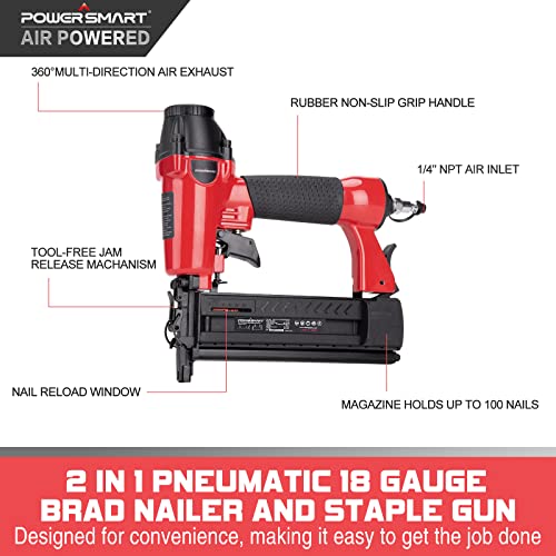 PowerSmart Pneumatic Brad Nailer, 2 in 1 Nail Gun and Crown Stapler with Safety Goggles, Compatible with 5/8” up to 2” Nails, 18 Gauge Brad Gun for PowerSmart