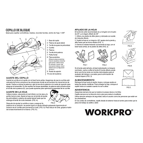 WORKPRO W052002 Block Plane, 1-5/8 In. Wide Blade, Cast Iron Body, Adjustable Cutting Depth, Black (Single Pack) - WoodArtSupply