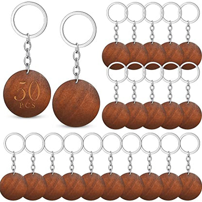 50 Pieces Wood Engraving Blanks Round Shaped Wooden Keychain Set Wood Blanks Unfinished Discs Wood Circles with Key Rings Key Tags Keychain Supplies