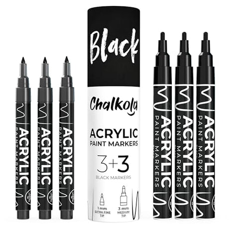 Chalkola Acrylic Black Paint Pen (6 Pack) Extra Fine Point (1mm) & Medium Tip (3mm) - Permanent Black Marker Ink for Rock Painting, Fabric, Tire, Chalkola