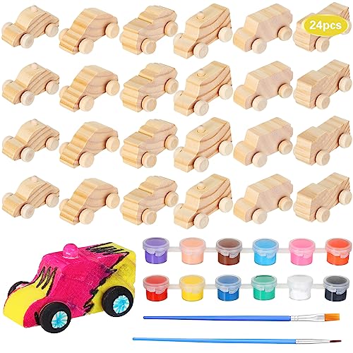 Lenwen 24 Pcs Wood DIY Car Toys for Party Unfinished Wooden Cars, Wooden Toy Cars Wooden Crafts with 12 Color Acrylic Paint for Students Girls Boys Lenwen