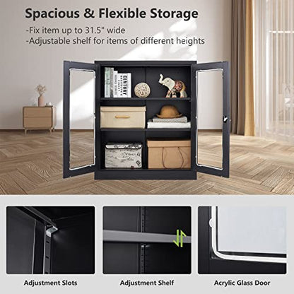 AFAIF Metal Storage Cabinet, Glass Cabinet Sideboard, Bookcase with Glass Doors, Curio Cabinet with 2 Adjustable Shelves, Lockable Metal Display