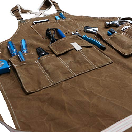Jeanerlor Waxed Canvas Work Apron for Women with 11 Pockets Water-Resistant Tool Apron Smart Cross-Back Straps Design Adjustable S-M (Coffee) Jeanerlor