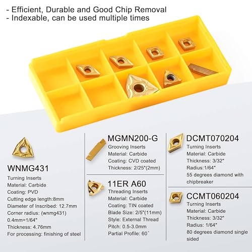 Metal Lathe Cutting Tools - 7PCS 1/2" Turning Holder Boring Bars with 7pcs Indexable Carbide Inserts CCMT060204 DCMT070204 11IR 16ER MGMN200-G IWONGO