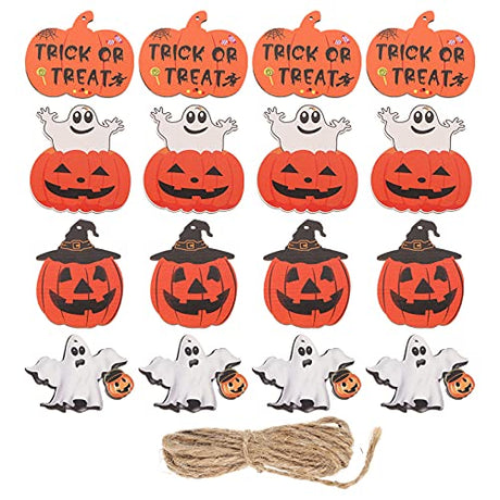 VOSAREA 16pcs Halloween Wooden Slices Hanging Tags Hanging Wood Ornaments Halloween Cutouts Crafts with Twine Ropes for Halloween Ornaments Supplies VOSAREA