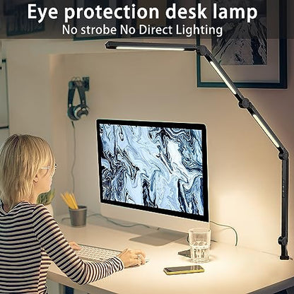 vimeepro LED Desk Lamp with Clamp Flexible 4 sections Swing Arm Three light sources desk light, 4 Color Modes & 5 Brightness, Eye Caring Led table - WoodArtSupply