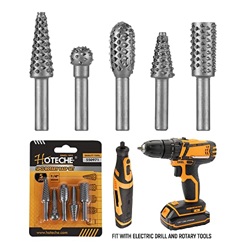 Hoteche Rotary Burr Set 5-Piece 1/4" Shank Carving Engraving Drill Bits Universal Fitment Rotary Tool Rasp Bits for Wood and Plastic Fit with Dremel, Hoteche