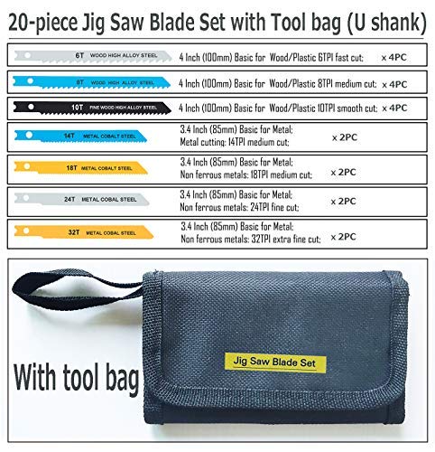 20-Piece Universal Jig Saw Blade Set for Wood,Plastic and Metal Cutting with Tool Bag Universal Design fits All Name Brand and Import jig saws Autsmal