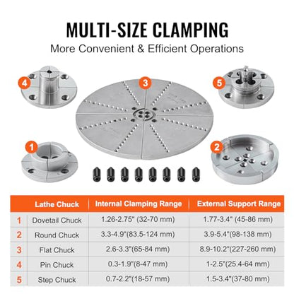 VEVOR KP965 Lathe Chuck, 4-Jaw 3.75" Diameter, Metal Lathe Chuck Turning Machine Accessories with 5 Sets of Jaws, Self-centering Tool, for Precision - WoodArtSupply