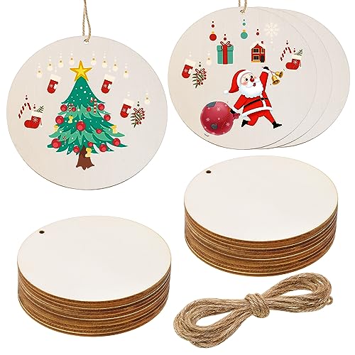 PENTA ANGEL 12Pcs Christmas Gift Tags Blank Unfinished Wood Circle Slice Craft Hanging Labels Round Holiday Tree Ornaments with Twine for Gift