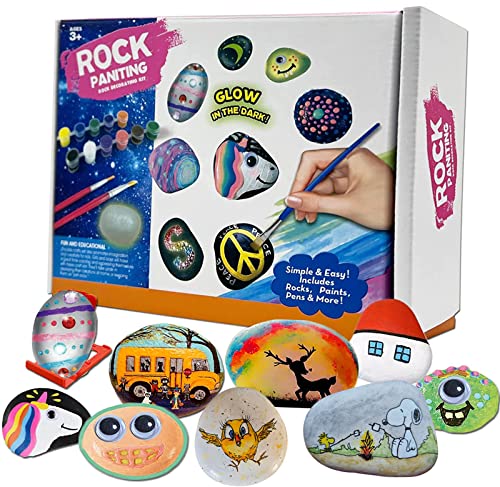 Komking Rock Painting Kit, Smooth Painting Rocks, 12 PCS Flat Craft Rocks Stones for Rock Painting with Acrylic Paint Pens, 4PCS Glow in the Dark