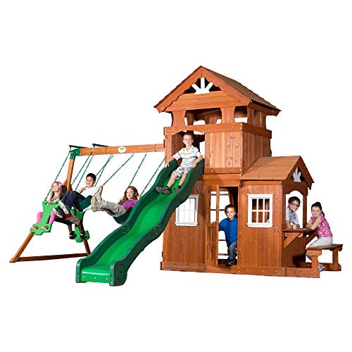 Backyard Discovery Shenandoah All Cedar Wooden Playset Swing Set with 2 Belt Swings, Trapeze Bar, 10 ft Wave Slide, Covered Upper and Lower