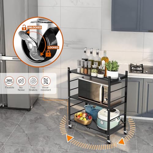 Himix Storage Shelves with 6 Hooks, 3 Tier Foldable Shelf with Wheels, Metal Storage Shelving Unit Rolling Cart, Utility Shelf Rack Organization Himix