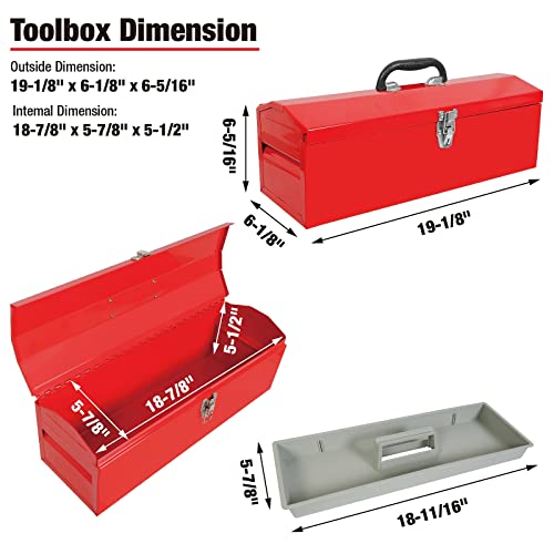 BIG RED ATB212R Torin 19" Steel Portable Tool Box Hip Roof Style Tool Box Organizer with Metal Latch Closure and Removable Storage Tray, Red BIG RED