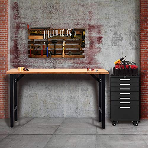 Goplus 65" Bamboo Top Work Bench, Heavy-Duty Steel Garage Workbench Triangle Reinforcement Work Table Hardwood Workstation, Easy Assembly Goplus