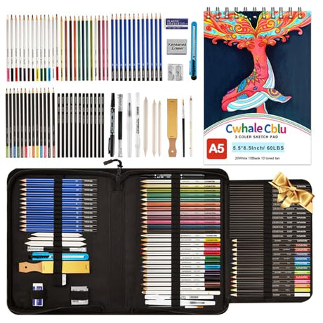 CwhaleCblu 77 Pack Drawing Set Art Supplies,Drawing Supplies with 3-Color Sketch Book, Colored, Graphite, Charcoal, Watercolor&Metallic Pencil, Art CwhaleCblu