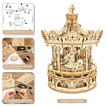 ROBOTIME 3D Wooden Puzzles Construction Model Kit to Build DIY Music Box Building Kits Rotating Merry-Go-Round (Romantic Carousel)
