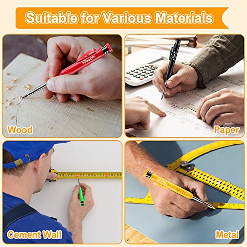 Hiboom 4 Pack Carpenter Pencils Set with 24 Refills, 2.8 mm Mechanical Carpenter Pencil Built in Sharpener Woodworking Marking Tool Solid Long Nosed Hiboom