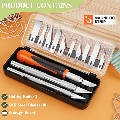 JETMORE 16 Pcs Craft Knife, 3 Pcs Exacto Knife with 13 Pcs SK5 Steel Sharp Blades, Professional Hobby Knife Perfect for Modeling, Carving, Precision