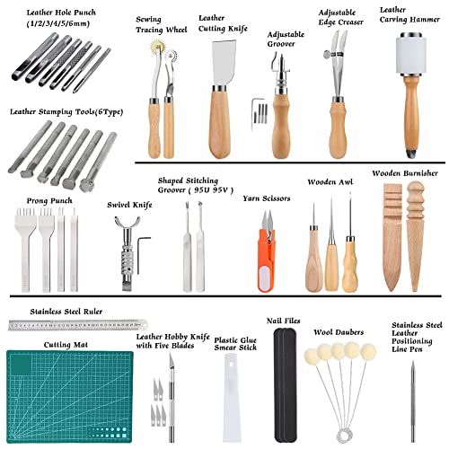 Leather Working Tools Leather Craft Kits Leather Sewing Tools with Storage Bag Cutting Mat Stamping Tool Prong Punch Waxed Thread Stitching Groover JUPEAN