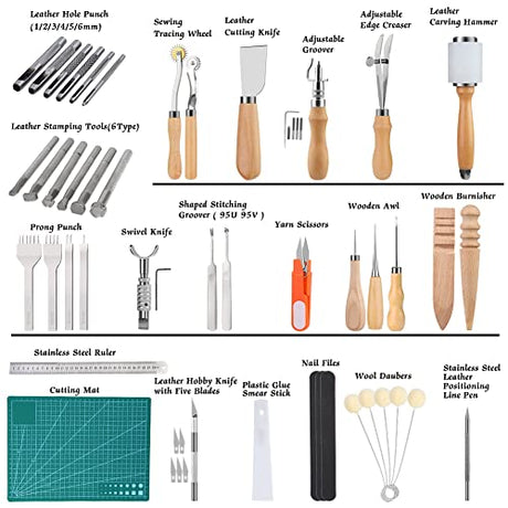 Leather Working Tools Leather Craft Kits Leather Sewing Tools with Storage Bag Cutting Mat Stamping Tool Prong Punch Waxed Thread Stitching Groover JUPEAN