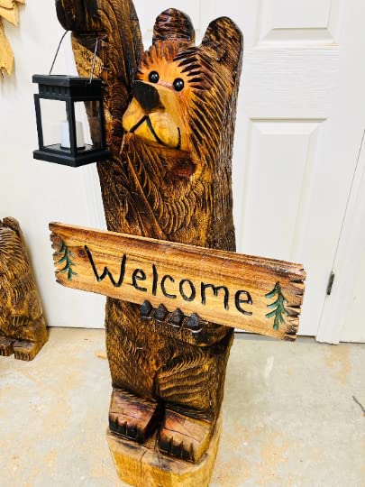 3ft cedar bear chainsaw carving with personalized sign - WoodArtSupply