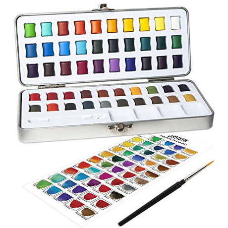 ARTISTIK Watercolor Paint Set - 50 Colors in Half Pan Palette and Portable Metal Tin - Assorted Vivid Color Paints with Paint Brush for Kids, ARTISTIK