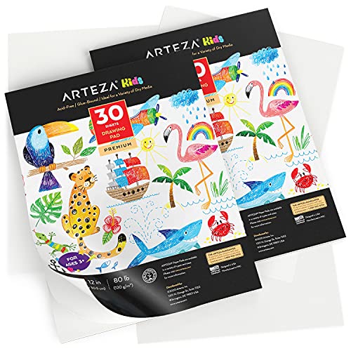 Arteza Drawing Pad for Kids, Pack of 2, 22.9 x 30.5 cm, 30 Large Sheets Each, Sketchbook for Drawing with Crayons, Coloured Pencils, & Markers ARTEZA