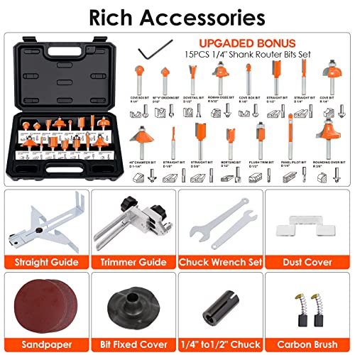 THINKWORK Compact Router, 6.5-Amp 1.25 HP Compact Wood Palm Router Tool, 6 Variable Speeds Wood Trimmer with 15 Pieces 1/4" Router Bits Set, - WoodArtSupply